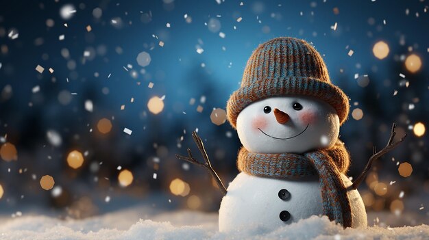 Hombre de nieve en invierno escena de Navidad con pinos de nieve y luz cálida