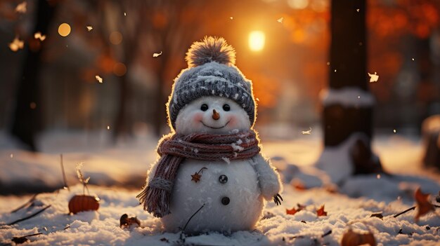 Hombre de nieve de invierno Primer plano de un hombre de nieve gracioso y gracioso con sombrero de lana y bufanda