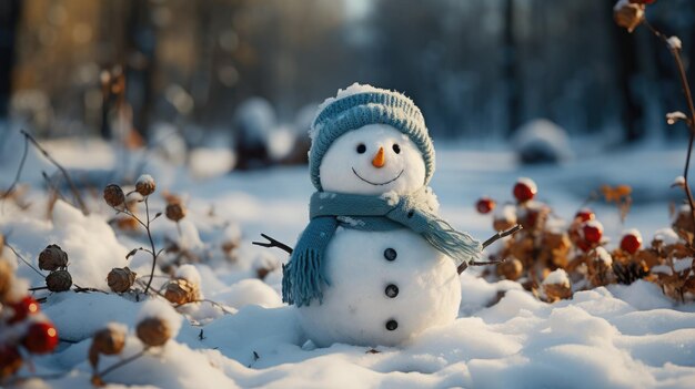 Hombre de nieve de invierno Primer plano de un hombre de nieve gracioso y gracioso con sombrero de lana y bufanda