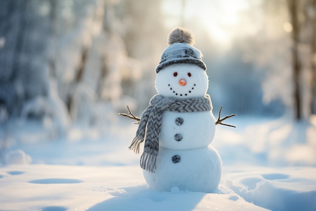 Hombre de nieve de invierno con un sombrero de pie en la nieve en el bosque