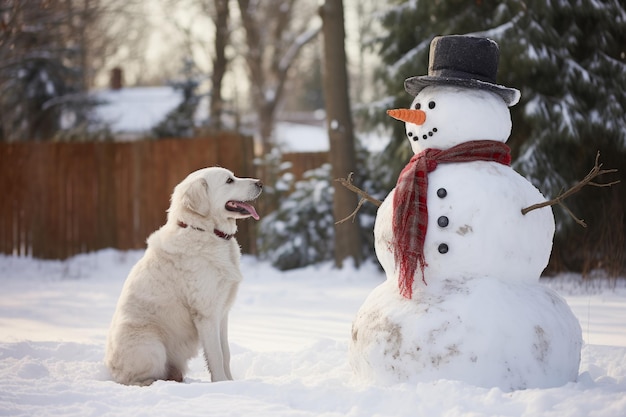Hombre de nieve en el jardín y un perro mira al hombre de nieve Ilustración de IA generativa
