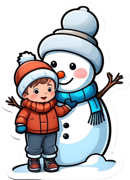 Hombre de nieve con un lindo niño y una niña