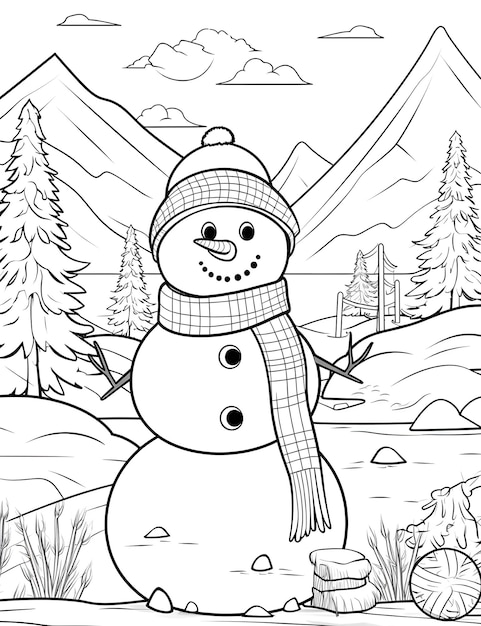 Foto hombre de nieve de navidad con paisaje de invierno y página de libro de colorear nieve para niños