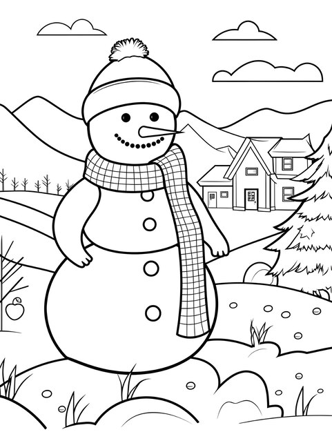 Hombre de nieve de Navidad con paisaje de invierno y página de libro de colorear nieve para niños
