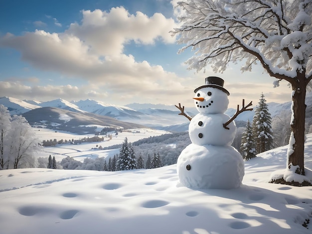 Hombre de nieve de Navidad en un paisaje nevado IA generativa