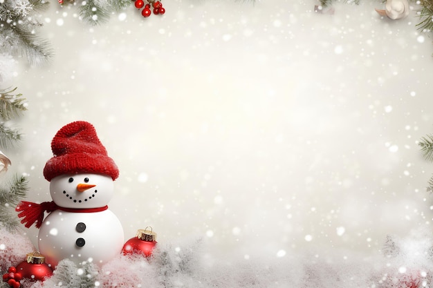 Hombre de nieve en la nieve rodeado de decoraciones navideñas