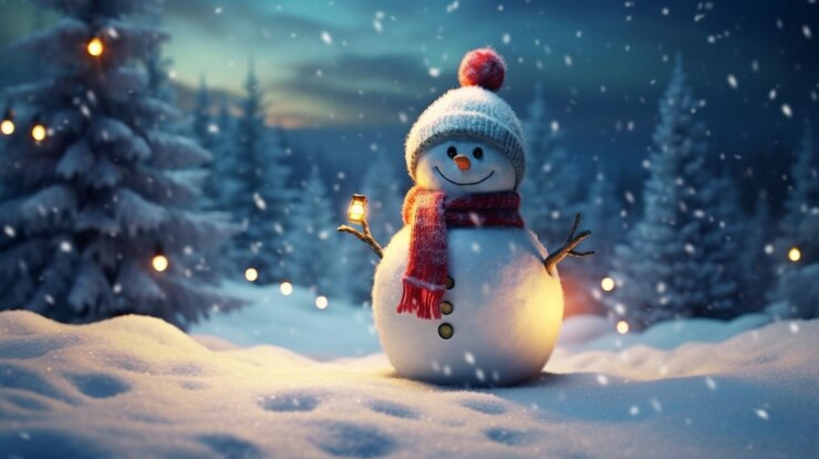 Hombre de nieve con pañuelo rojo y copo de nieve concepto de Navidad y Año Nuevo
