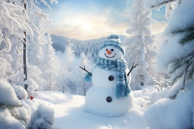 Hombre de nieve rodeado de un paisaje de invierno y nieve reluciente