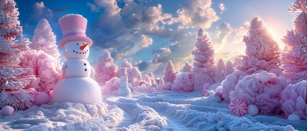 Foto hombre de nieve rosa en medio del bosque nevado con árboles rosados