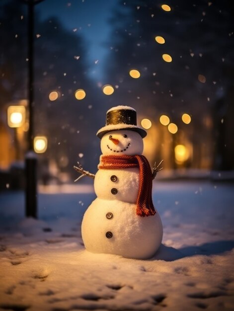 hombre de nieve sobre borrosa víspera de Navidad