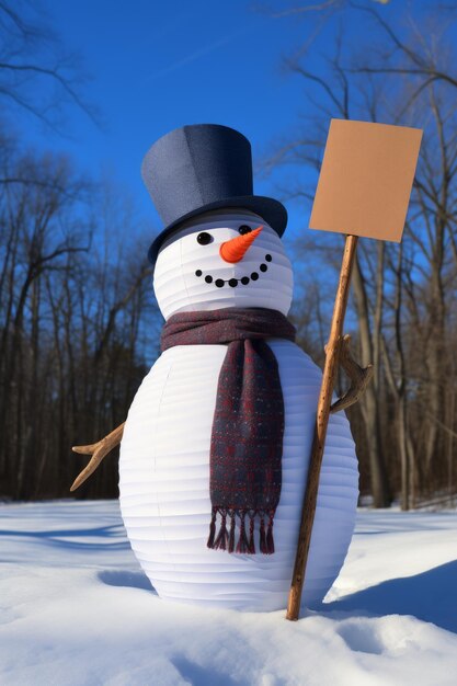 Un hombre de nieve con un sombrero azul y una bufanda roja sostiene un cartel en blanco en un bosque nevado