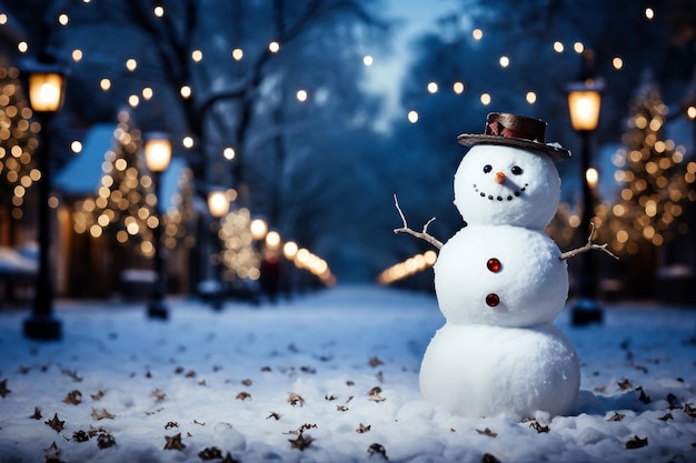 Hombre de nieve con sombrero y bufanda en la calle nevada por la noche telón de fondo navideño