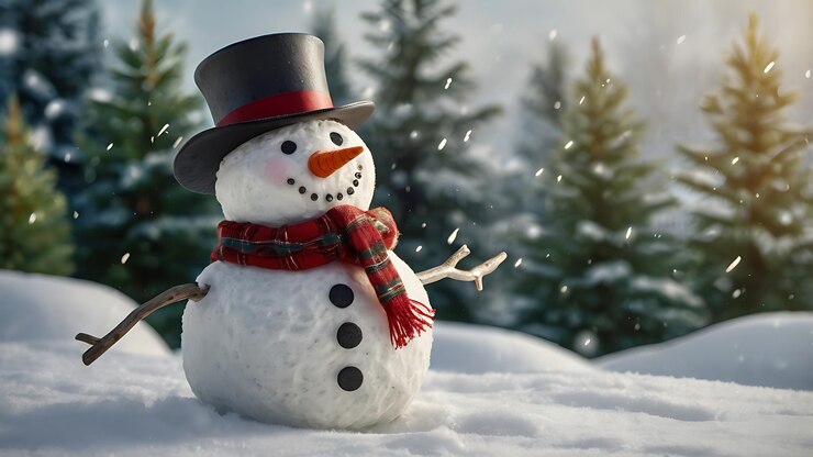 un hombre de nieve con un sombrero y una bufanda está de pie en la nieve