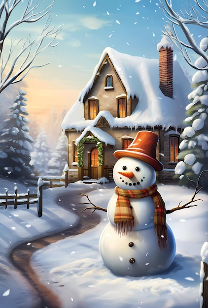 un hombre de nieve con un sombrero y una bufanda de pie frente a una casa