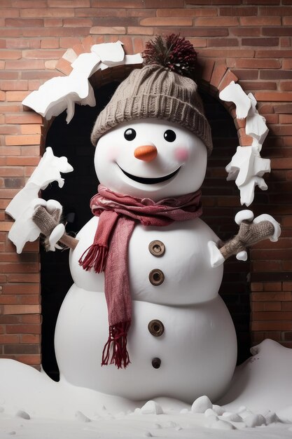 Foto hombre de nieve con sombrero y bufanda rompiendo una pared