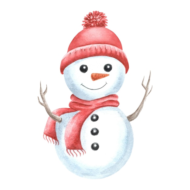 Hombre de nieve con sombrero y bufanda de tejido rojo personaje lindo y alegre para el diseño de vacaciones de invierno