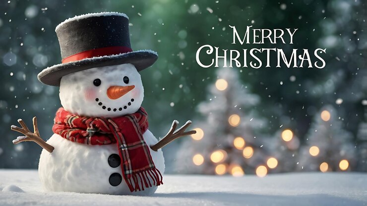 un hombre de nieve con un sombrero en la cabeza y un suéter con las palabras Feliz Navidad en él