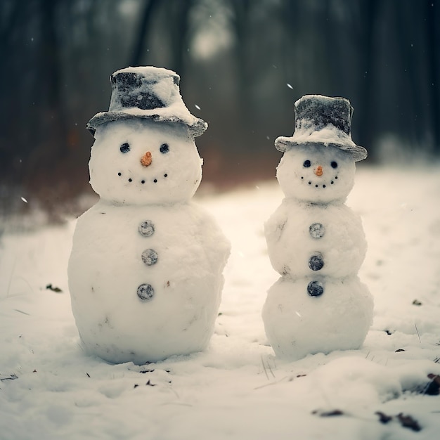 Hombre de nieve con sombrero Dos muñecos de nieve clásicos un par de hombres de nieve naturales
