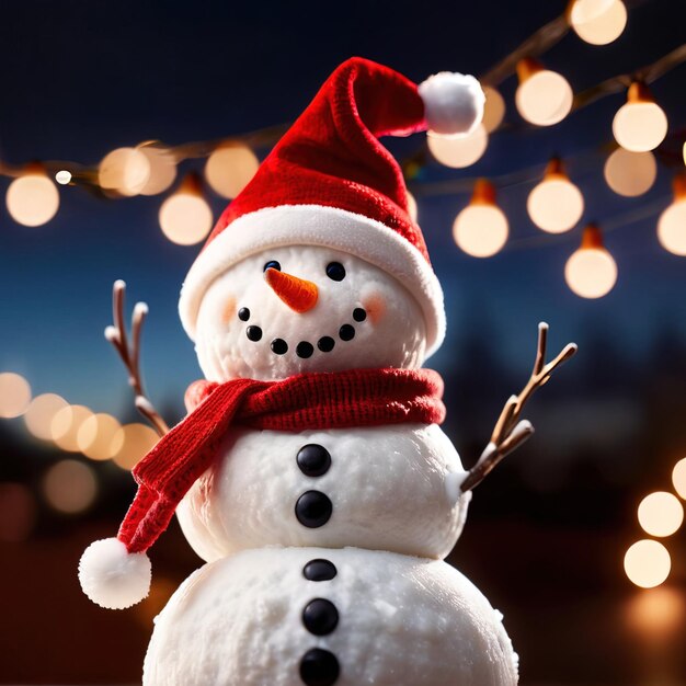 Hombre de nieve con sombrero de Santa con luces de Navidad