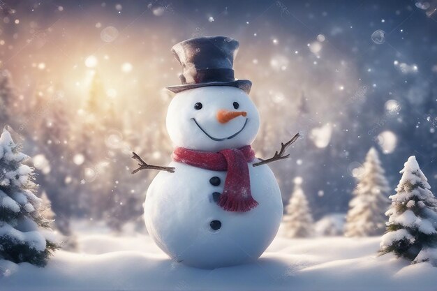 Hombre de nieve sonriente aislado en el invierno para la celebración de Navidad
