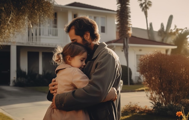 Un hombre y una niña se abrazan frente a una casa.