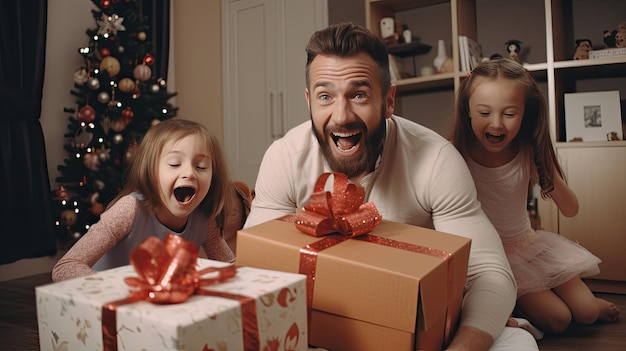 Hombre y niña abriendo una caja de regalos un momento alegre de desempaquetar una sorpresa presente para el Día del Padre