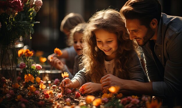 Un hombre y una niña admirando las flores