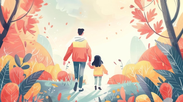 Hombre y niña caminando por el bosque