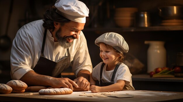 Un hombre y una niña cocinan felices juntos en una cálida cocina acogedora