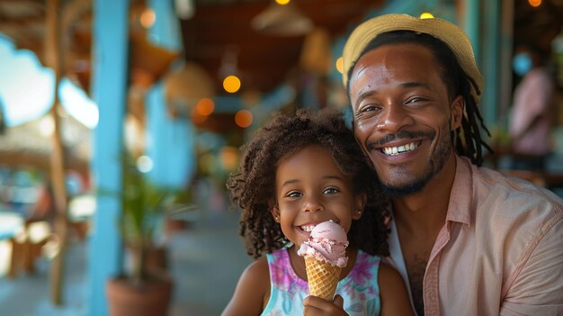 Hombre y niña comiendo helado