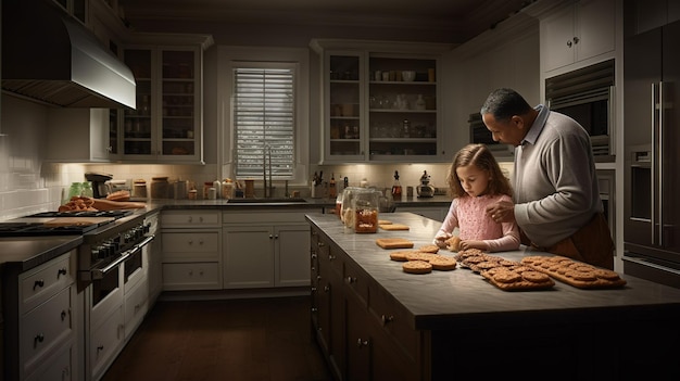 Un hombre y una niña están cocinando en una cocina con una encimera blanca.