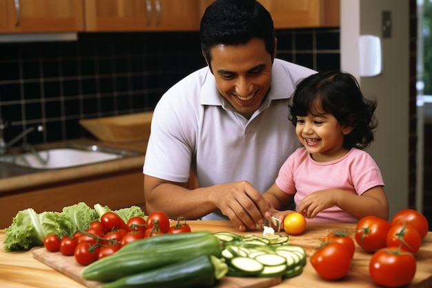 un hombre y una niña están cortando verduras