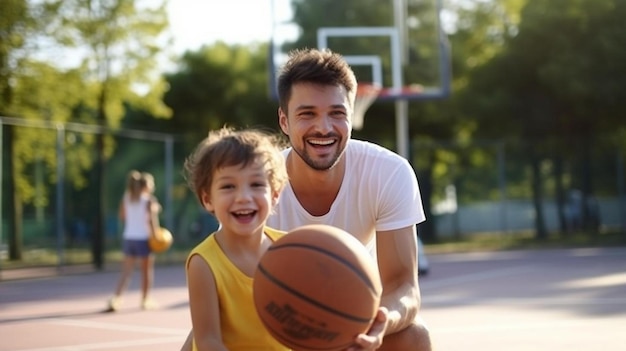 Foto un hombre y una niña están jugando al baloncesto en una cancha