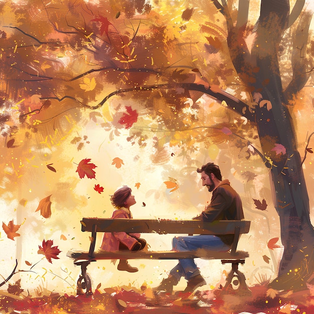 un hombre y una niña están sentados en un banco en el otoño