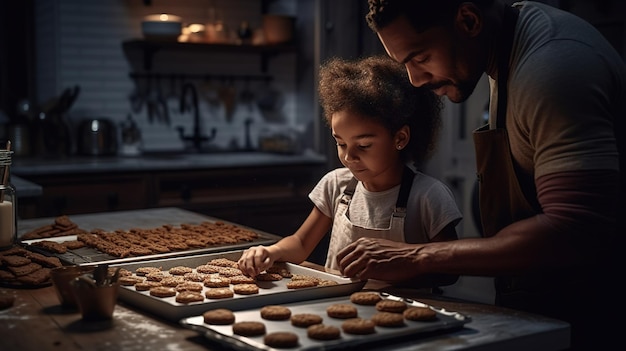 Un hombre y una niña horneando galletas en la cocina.