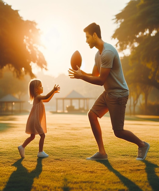 un hombre y una niña jugando al fútbol en el parque