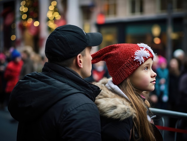 un hombre y una niña miran un árbol de navidad.