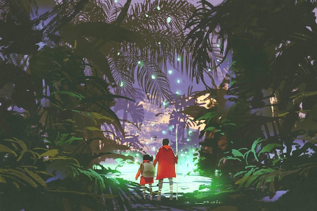 Hombre y niña mirando el pantano verde brillante en el bosque de fantasía, estilo de arte digital, pintura de ilustración