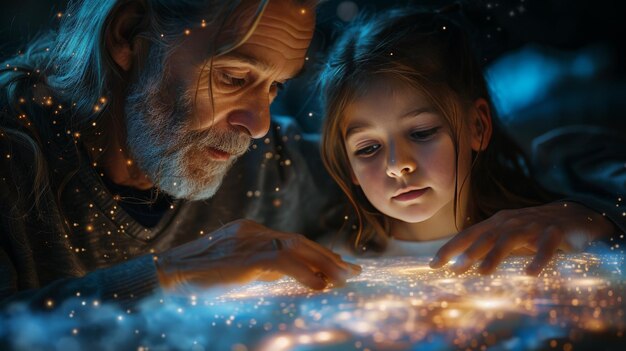 Foto un hombre y una niña observan una luz