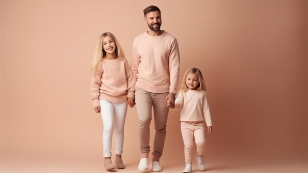 Un hombre y una niña con suéteres a juego y tomados de la mano, ambos con pantalones blancos y un suéter rosa.