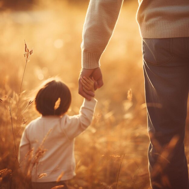 un hombre y una niña tomados de la mano en un campo