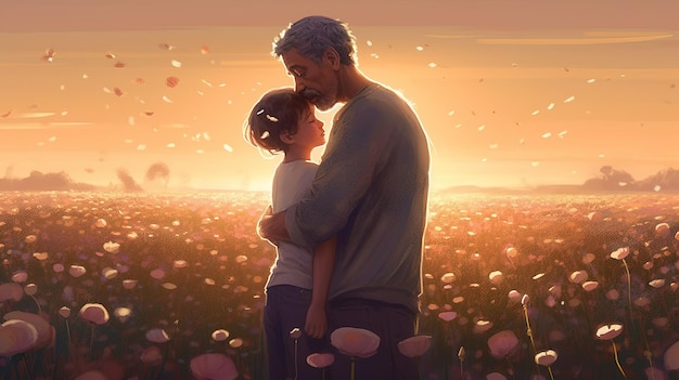 Un hombre y un niño abrazándose en un campo de flores.