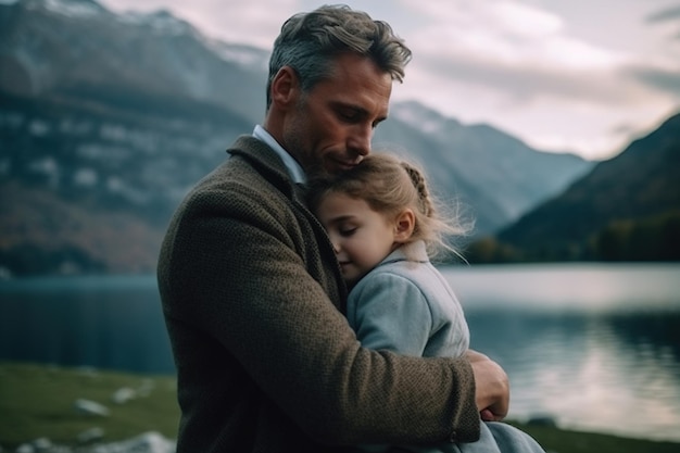 Un hombre y un niño abrazándose frente a un lago.