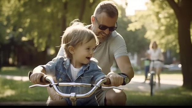 Un hombre y un niño andan en bicicleta en un parque.