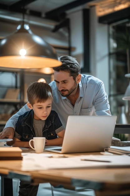 Foto un hombre y un niño buscando una computadora portátil