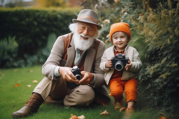 Un hombre y un niño con una cámara.