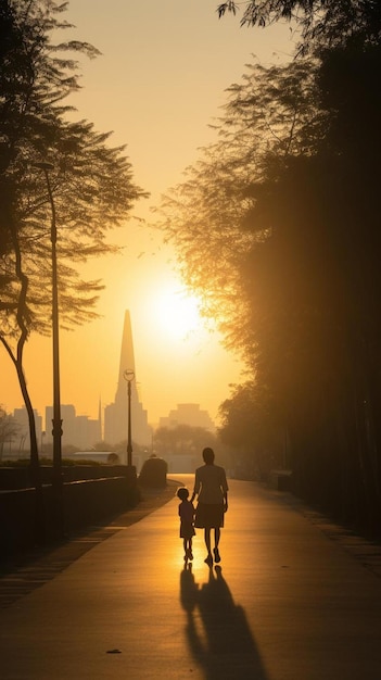 Foto un hombre y un niño caminan por una calle al atardecer