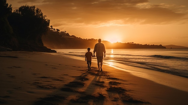 Un hombre y un niño caminan por la playa al atardecer.
