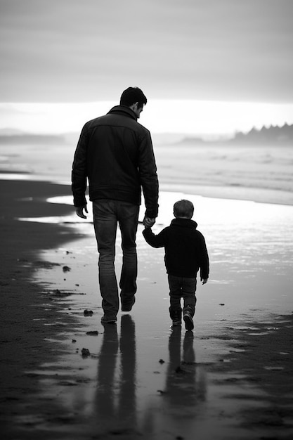 Un hombre y un niño caminan por la playa tomados de la mano.