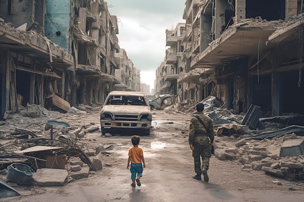 Un hombre y un niño caminan por las ruinas de una ciudad destruida después de la guerra generada por la IA